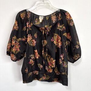 Edme & Esyllte Black Floral Puff Sleeve‎ Crop Top 2 Keyhole Banded Semi Sheer